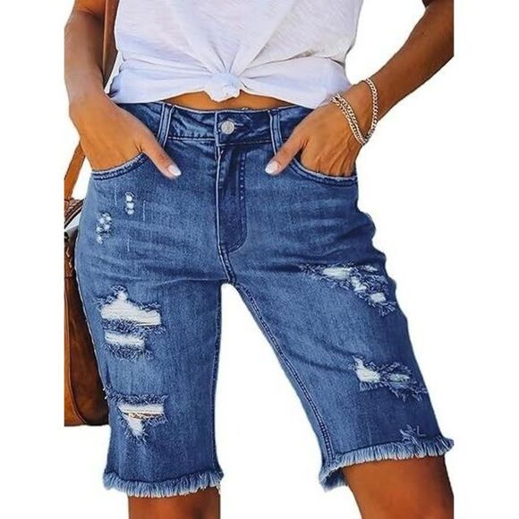 IZURIA Blue Distressed Denim Bermuda Shorts Size M - Picture 3 of 4